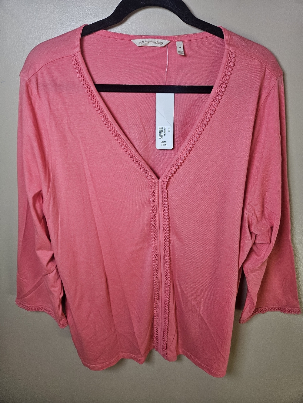 Soft Surroundings Coral Vneck Zoey Tee 3/4 Sleeve Cotton Modal Blouse Plus 2X